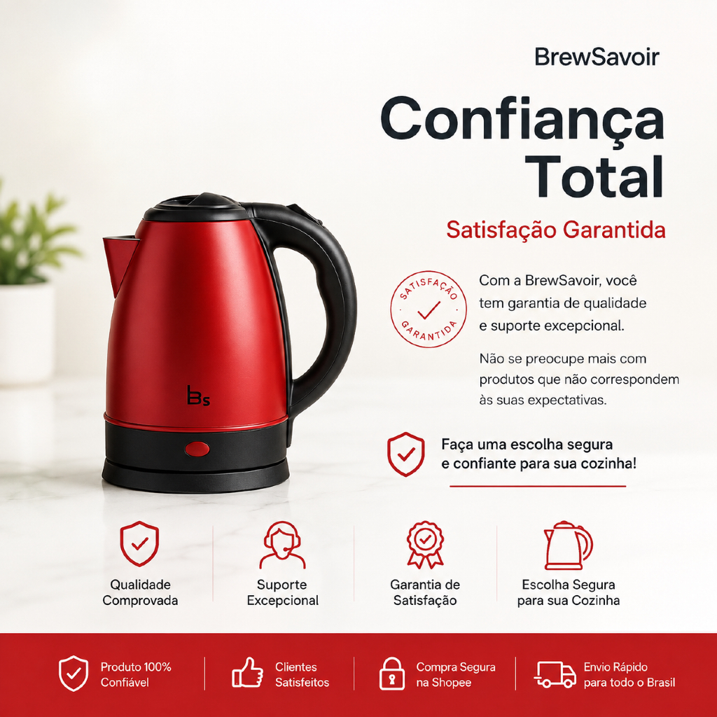 Chaleira Elétrica Inox 1,8L 220V Aquecimento Rápido Desligamento Automático Vermelha para Café e Chá