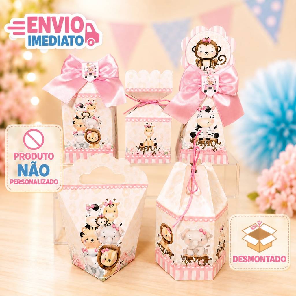 kit Caixinhas Personalizadas para Festa SAFARI ROSA MENINA Lembrancinhas de Aniversário para Decoração DESMONTADO.