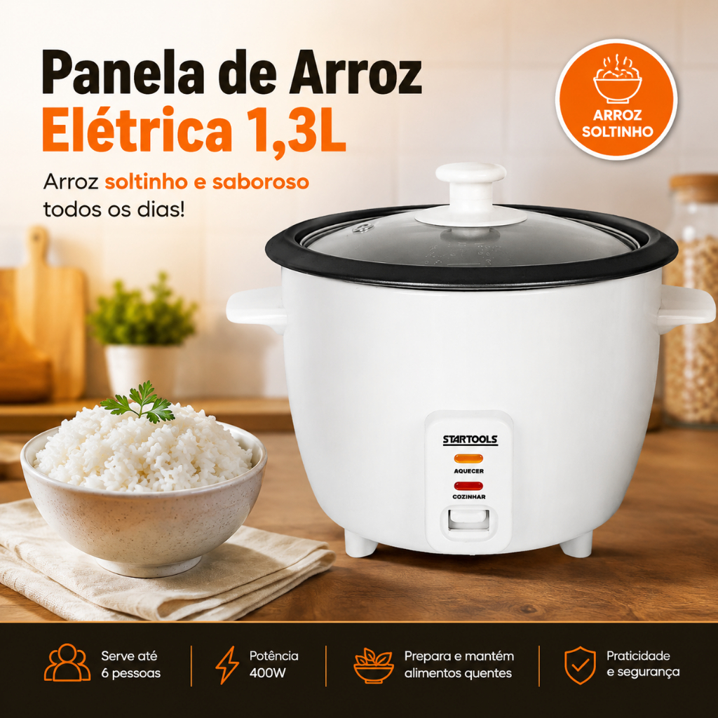 Panela de Arroz Elétrica 1,3L Mantém Aquecido Cozimento a Vapor Antiaderente 400W 127V/220V