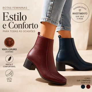 Bota Clássica Feminina Cano Médio Couro Legítimo Macio Salto Grosso Bloco Zíper Salto - VANIA 20