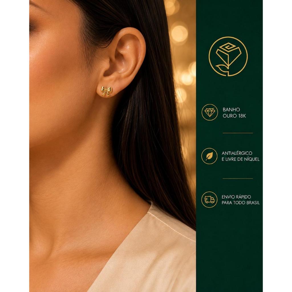 Brinco Lacinho Dourado Banhado a Ouro 18K Delicado Feminino Semijoia Antialérgica