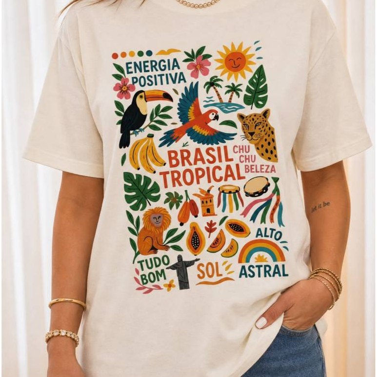 Camiseta Off- White Feminina Despojada Estampada Confortável Brasil Tropical Arara Estilosa Algodão