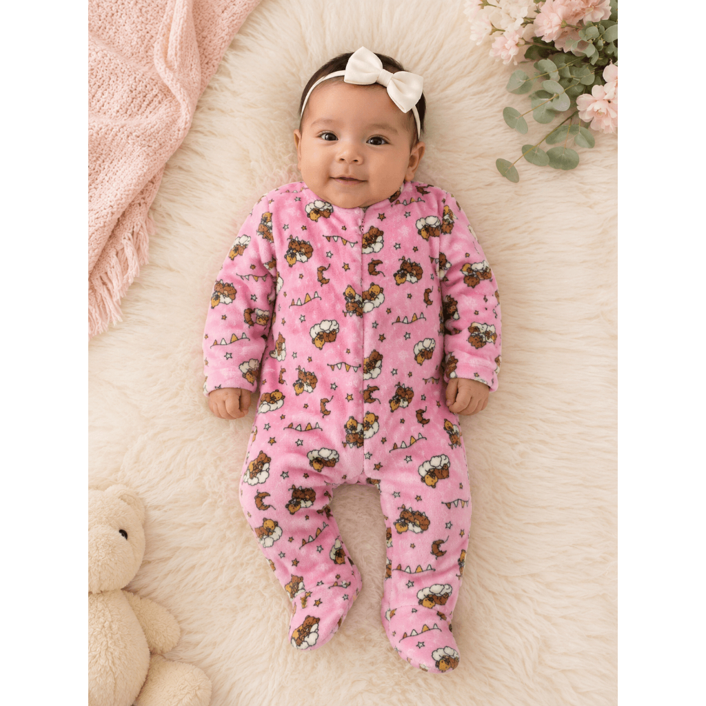 Kit 4 Macacão Feminino Inverno Macio Quentinho Dia a Dia Confortavel Peluciados em Flecee Estampados Bebê Menino P ao GG