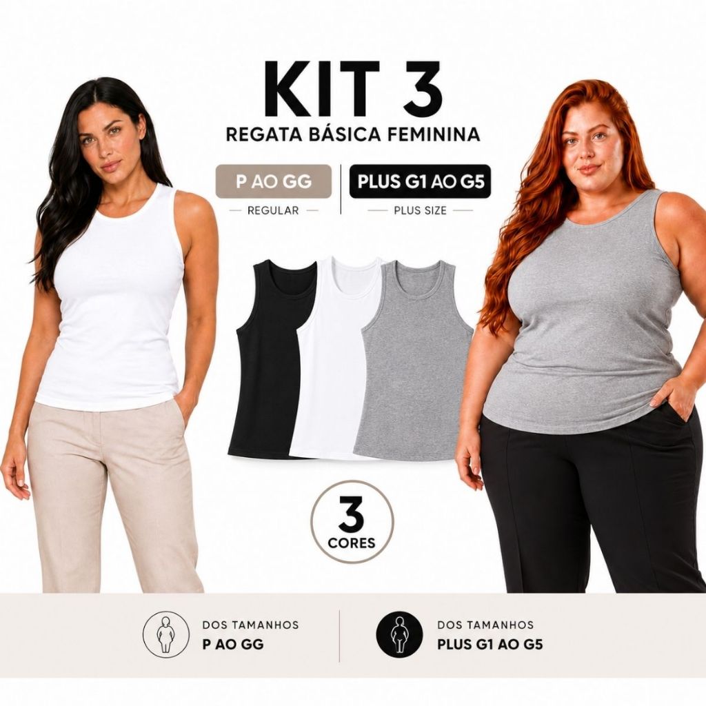 Kit 3 Regatas Femininas Básicas Alça Larga P ao GG e G1 ao G5 Viscose Premium com Elastano