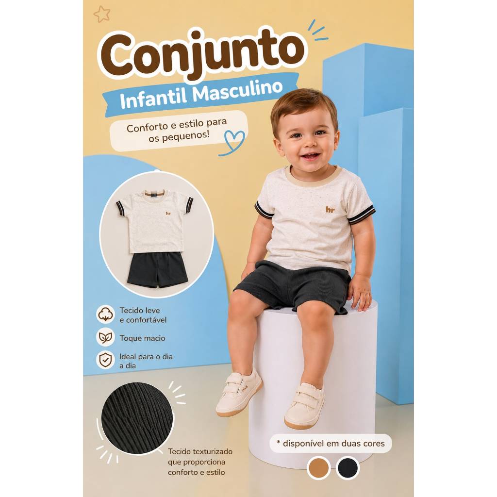 Conjunto Menino Infantil Bebê Camisa Off-White com Detalhe Estiloso na Manga e Bermuda Texturizada Moda Blogueirinho