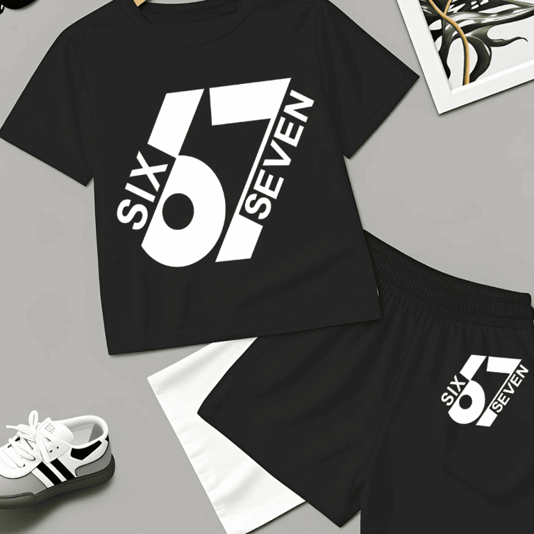 Kit Conjunto Camiseta Camisa Algodão Short Tactel Infantil Estampado Six Seven Estilo Casual Leve E Confortável