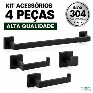 Kit Acessórios para Banheiro Inox 304 Premium 4 Peças Preto Fosco Porta Toalha e Papel Higiênico
