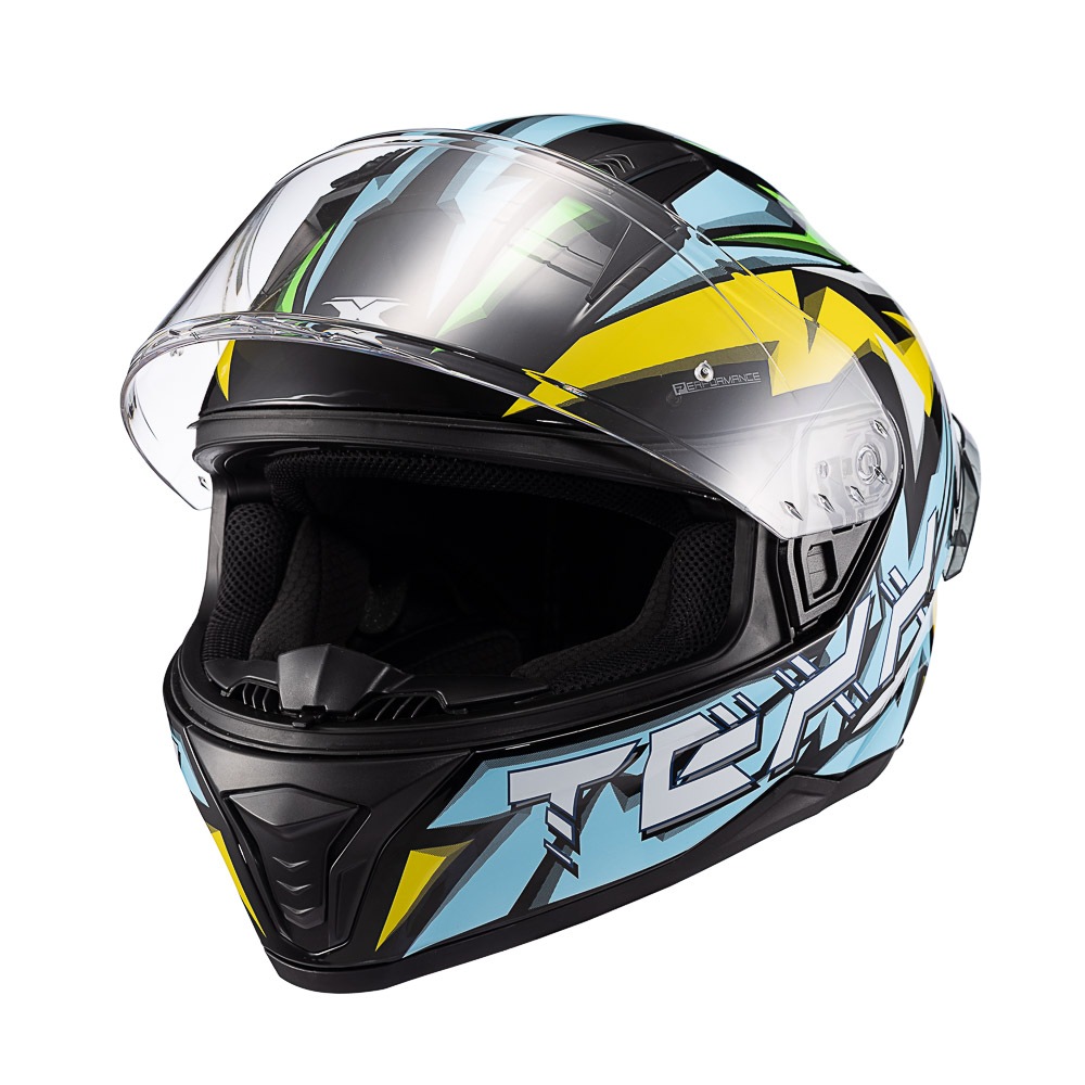 Capacete Moto Texx Fechado Raptor Genesis Azul Amarelo Branco Brilhante Com Viseira Fumê E Aerofólio Spoiler
