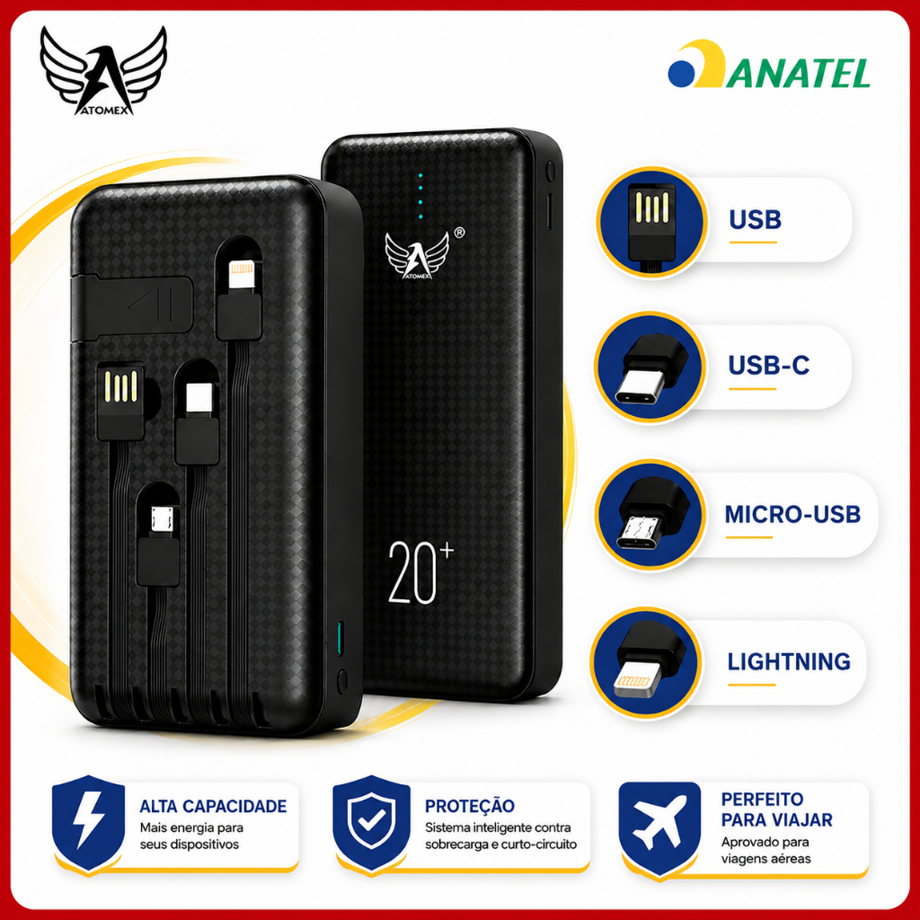 Carregador Portátil Power Bank Rápido 20000mah 4 Cabos Integrados Altomex