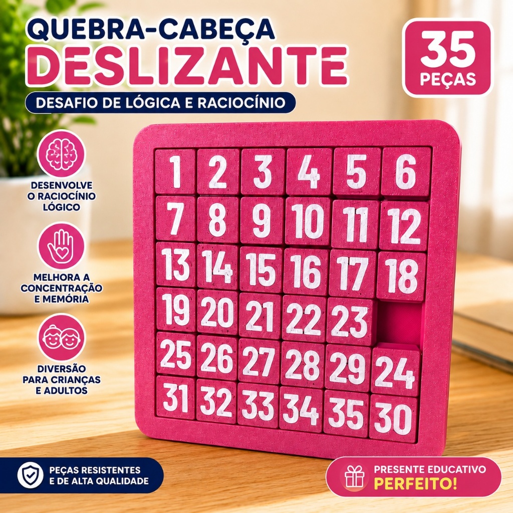 Quebra-Cabeça Numérico Deslizante 35 Peças | Jogo Educativo Montessori Raciocínio Lógico Infantil