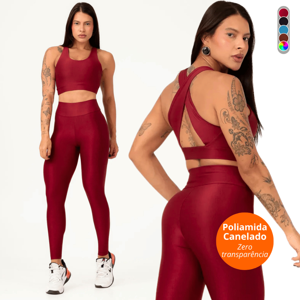 Conjunto Feminino Fitness Poliamida Canelado Zero Transparencia Legging e Top Academia Treino