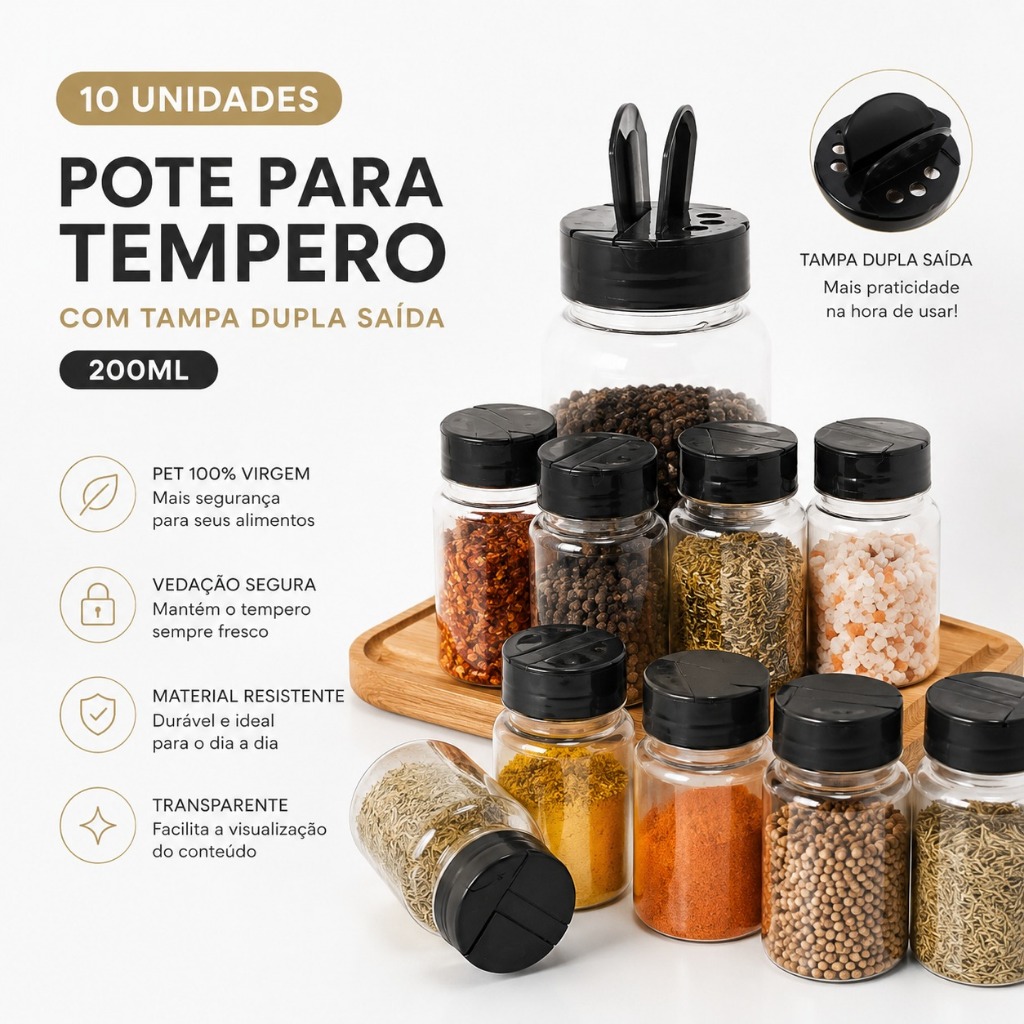 10Un Pote para Tempero 200ml Tampa Dupla reforçada PET transparente BPA free