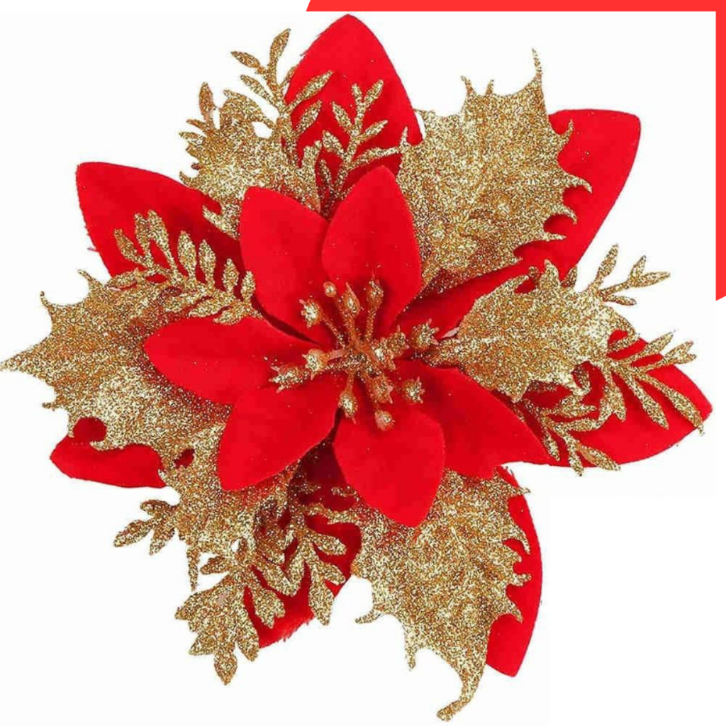 Kit 10 Flores de Natal Vermelha e Dourada com Glitter 14cm Enfeite Árvore Luxo