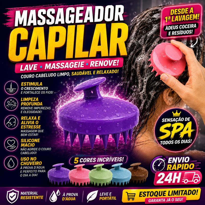 Escova Massageadora Capilar e Corporal de Silicone - Limpeza Profunda e Relaxamento