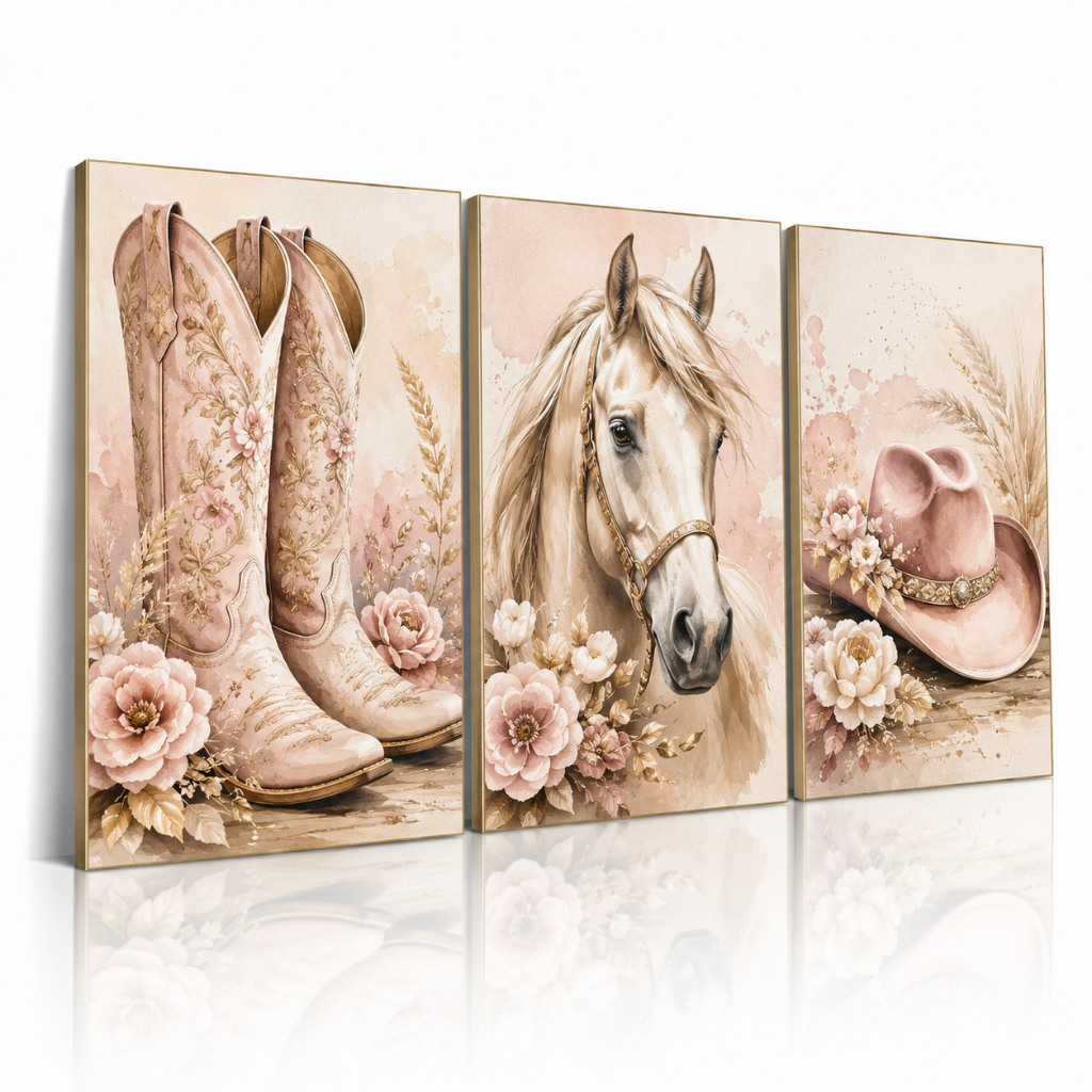 Quadros Decorativos 3 Peças Country Cavalo Bota Chapeu Casa Sala Quarto Decoração Parede