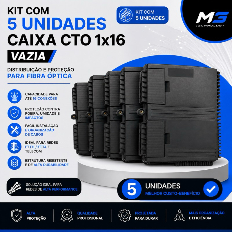 CTO Caixa de Distribuição para Fibra Óptica 1x16 Vazia TMM Kit 5 Unidades