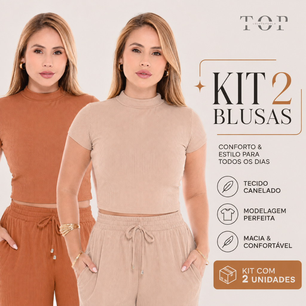 Kit 2 Blusas Cropped com Manga Curta e Gola Alta Malha Canelada