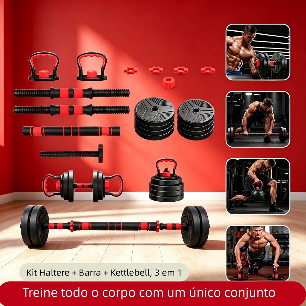Kit Haltere Ajustável 15kg 6em1 PVC Resistente, Haltere Barra Kettlebell Suporte Flexão Treino Ginástica Casa