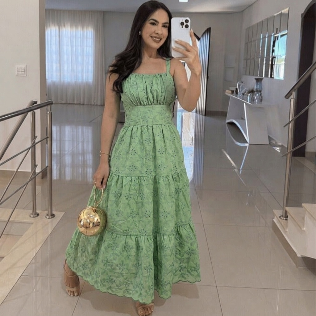 Vestido Feminino Midi Em Layse Bordado 100 % Algodão Elegante e Classico  Zulma Fashion