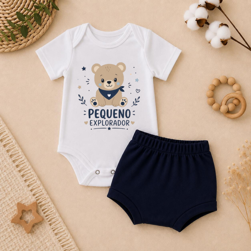 Body e Shortinho Bermuda de Bebê RN P ao G 100% Algodão Conjunto Infantil Estampado Macio Confortável Verão de Qualidade