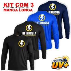 KIT com 3 Camisetas MANGA LONGA Uniforme Masculino Profissional ELETRICISTA Residencial e Comercial Dry Fit UV+