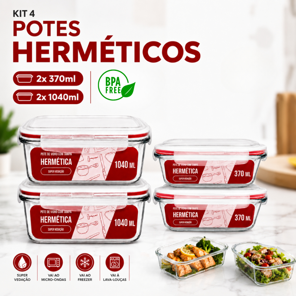Kit 4 Potes Vidro 2 de 1040ml + 2 de 370ml Marmita Herméticos Retangular