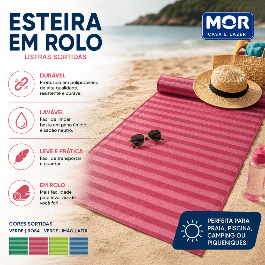 Esteira de Praia em Rolo Mor Listras Sortidas Dobrável Leve Resistente para Praia Piscina Campin