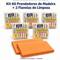 60 Prendedores de Roupa de Madeira + 2 Flanelas Inclusas