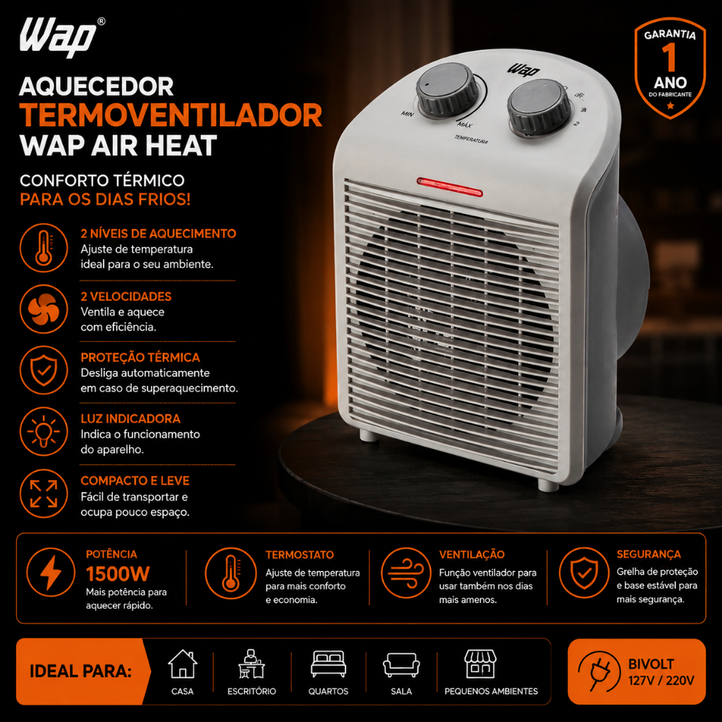 Aquecedor Elétrico WAP Air Heat 3 em 1 1500W Termoventilador Cinza 127V