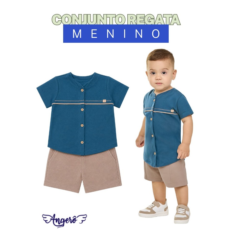 Conjunto Menino Angerô Camisa Azul Petróleo e Bermuda Bege Texturizada ideal para passeiosRef:29049