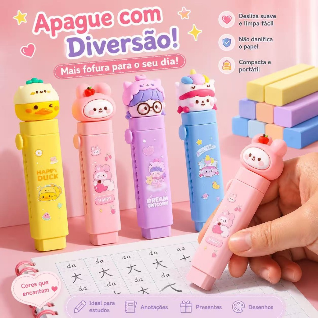 Caneta Borracha Retrátil com 2 Refíl Deslizante (Coelho Rosa/Astronauta/Urso Marrom/Pato Amarelo/Menina com Óculos)