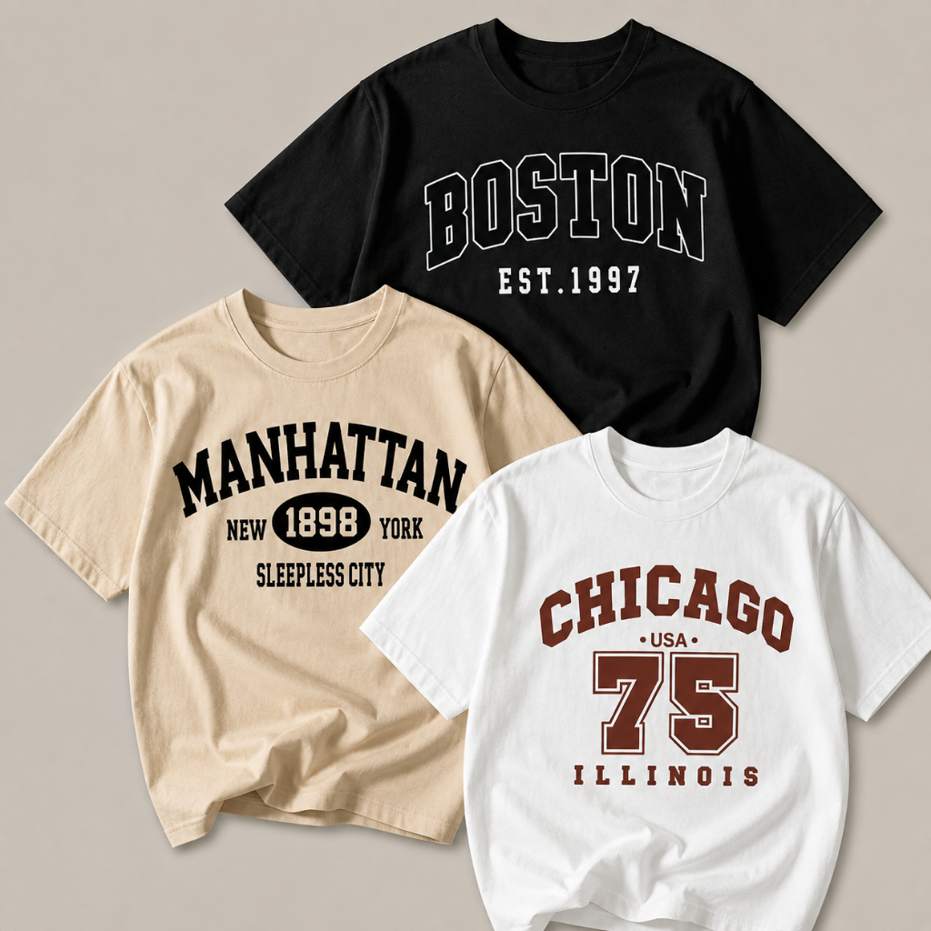 Kit 3 Camisetas Feminina Estampada Algodão Casual Boston Manhattan Chicago Moda Blusa Estilosa Promoção.