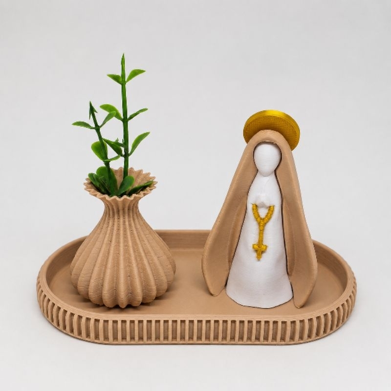 Mini Kit Nossa Senhora Aparecida Decorativo 3D com Bandeja e Vaso | Decoração Religiosa Católica | Presente de Fé