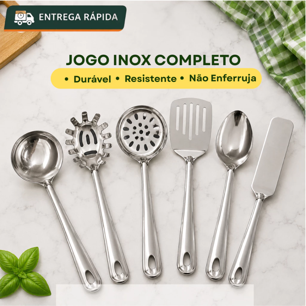 Kit Utensílios Cozinha Aço Inox Concha Escumadeira Colher Espátula Pegador