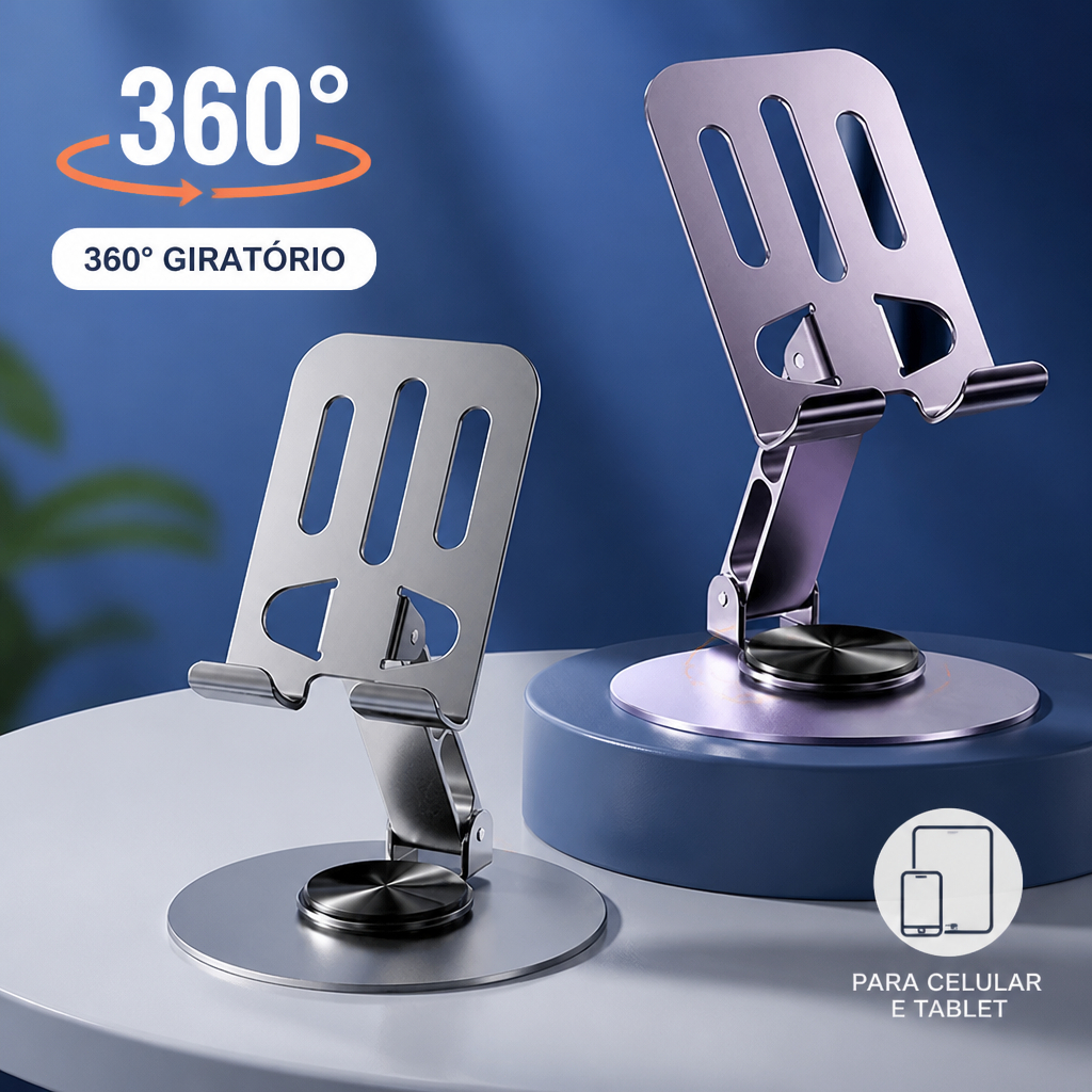 Suporte Alumínio de Mesa Base Rotatória Ajustável 360º Para Smartphones e Tablets