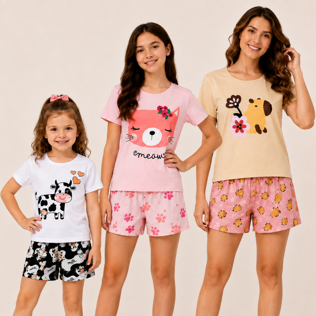 Conjunto Verão Feminino 02 ao GG Infantil Juvenil Adulto Pijama Camisa + Shorts Estampado Menina Fresquinho Macio