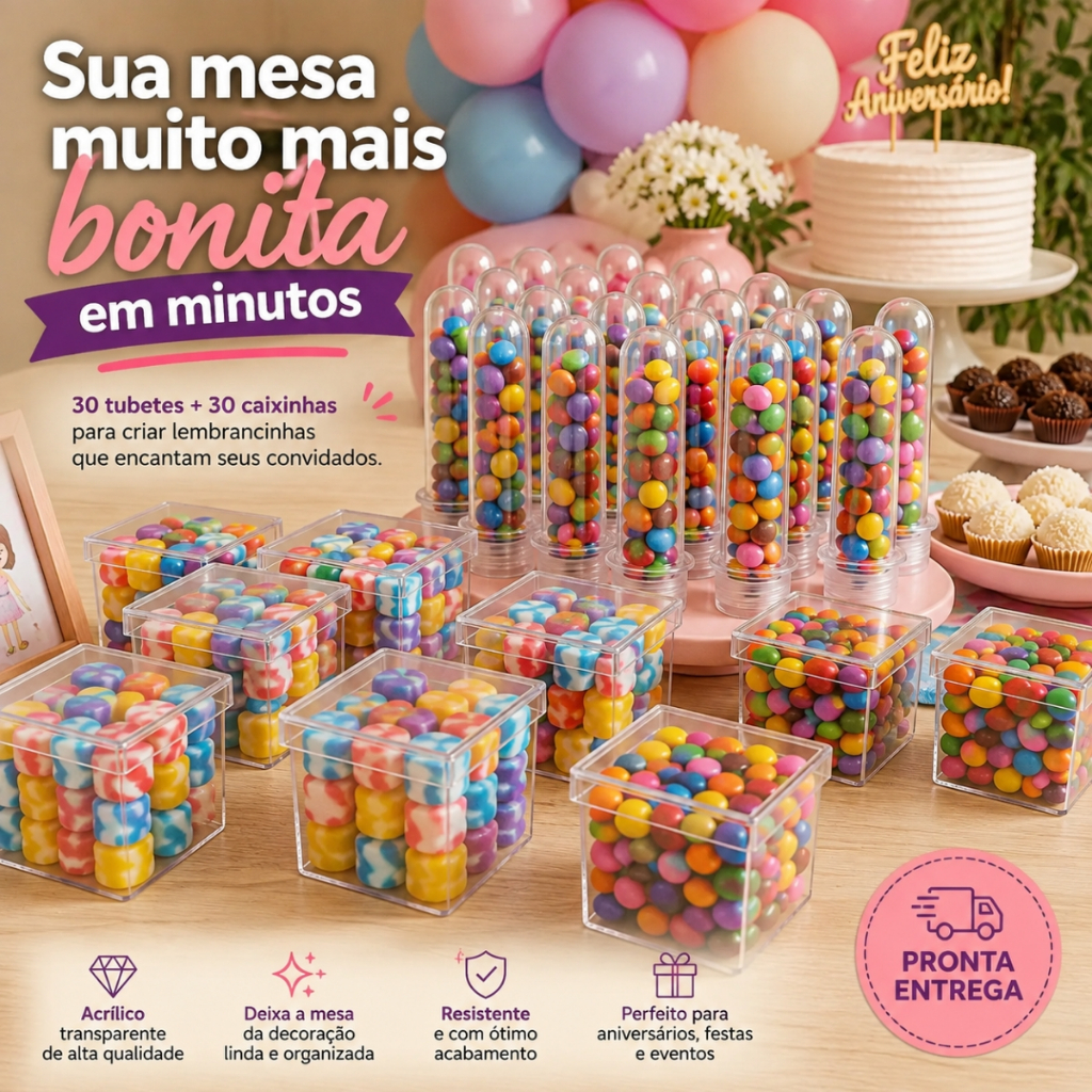 30 Tubetes E 30 Caixinhas Acrílico Lembrancinha Aniversario