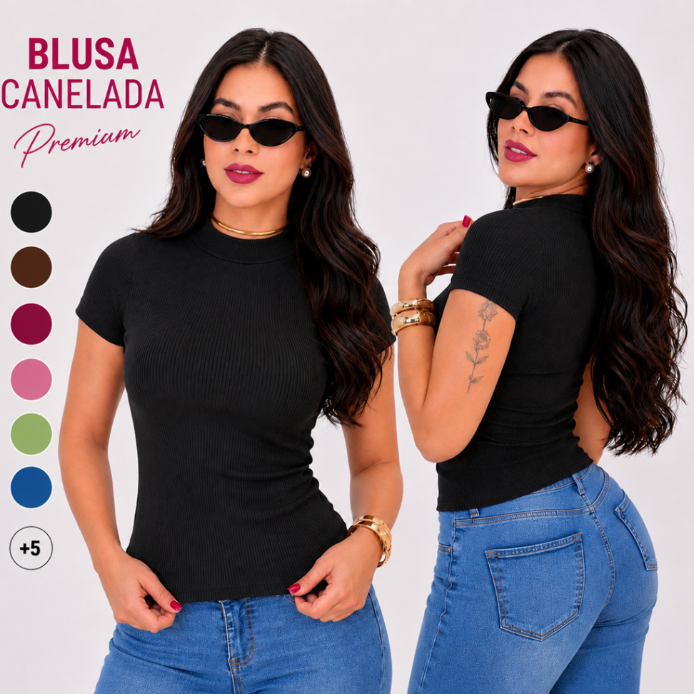 Blusa Feminina Gola Alta Com Manga Curta Malha Canelada Premium Confortável Versátil E Básica