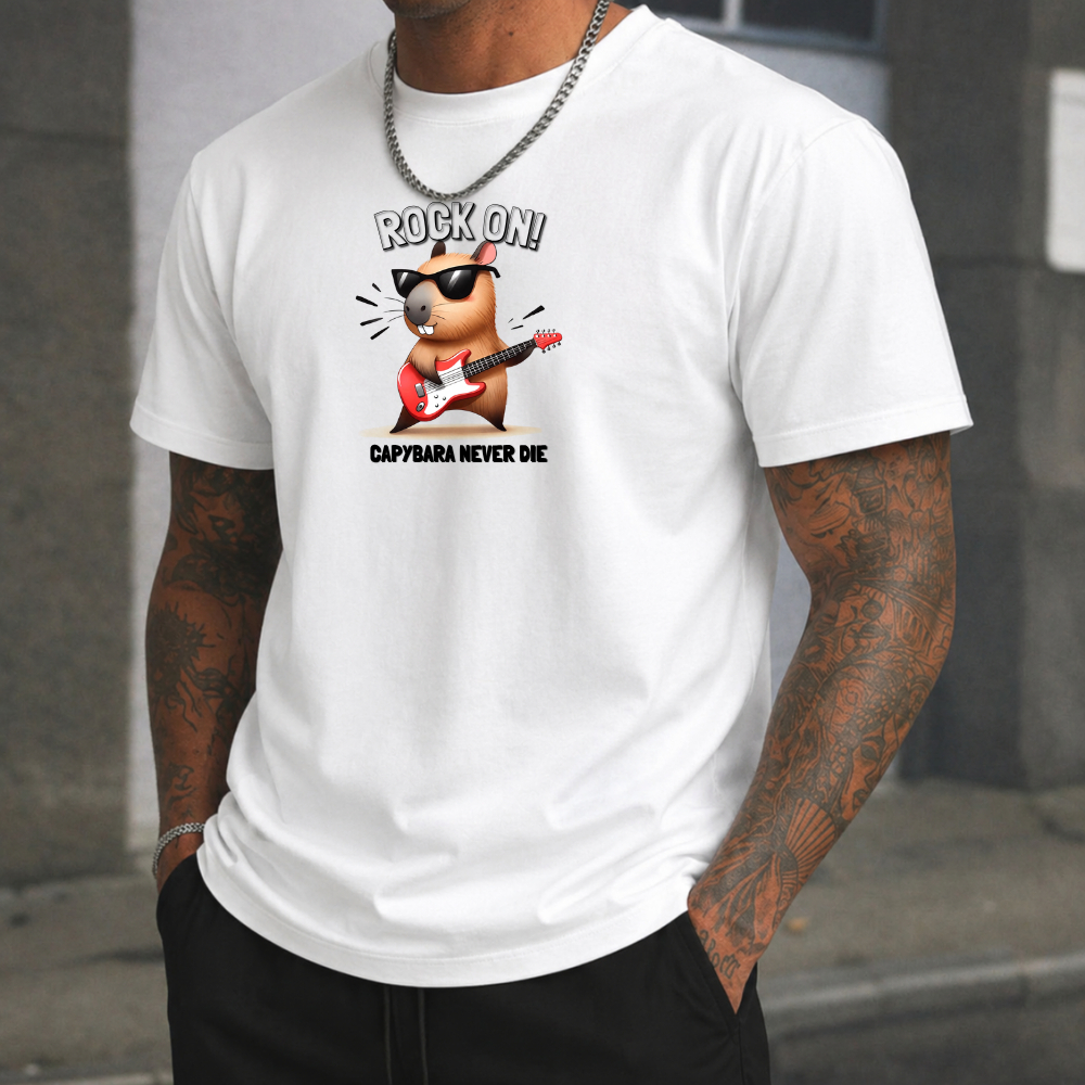 Camiseta Masculina ROCK ON Capivara Guitarrista Estampada – Estilo Rock, Divertida Casual e Streetwear