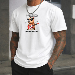 Camiseta Masculina ROCK ON Capivara Guitarrista Estampada – Estilo Rock, Divertida Casual e Streetwear