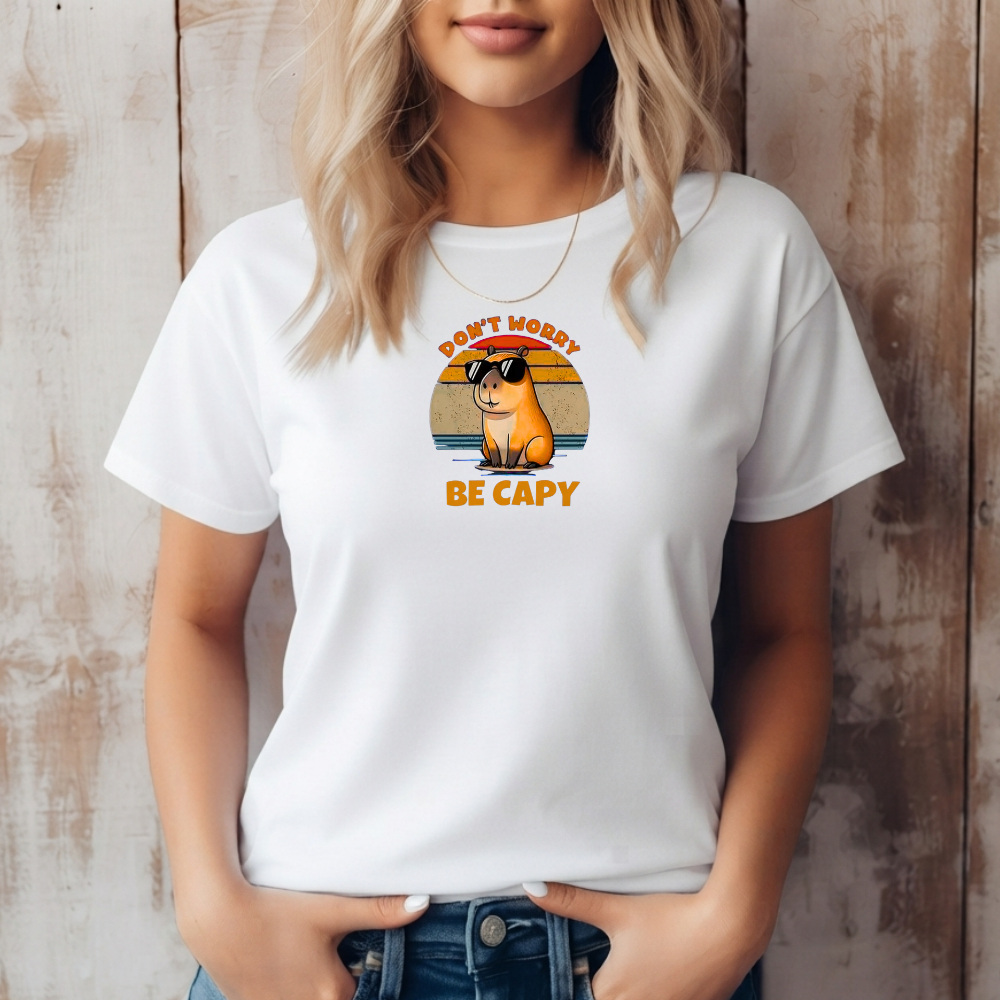 Camiseta Feminina Capivara DON´T WORRY BE CAPY Estampa Divertida Vintage Casual Manga Curta Algodão