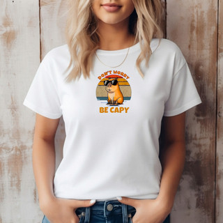 Camiseta Feminina Capivara DON´T WORRY BE CAPY Estampa Divertida Vintage Casual Manga Curta Algodão