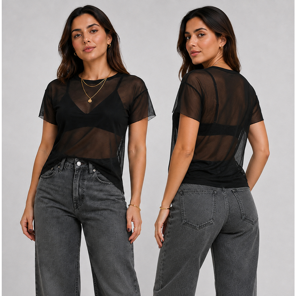 Blusa Feminina Transparente Camiseta de Tule Manga Curta Academia Treino
