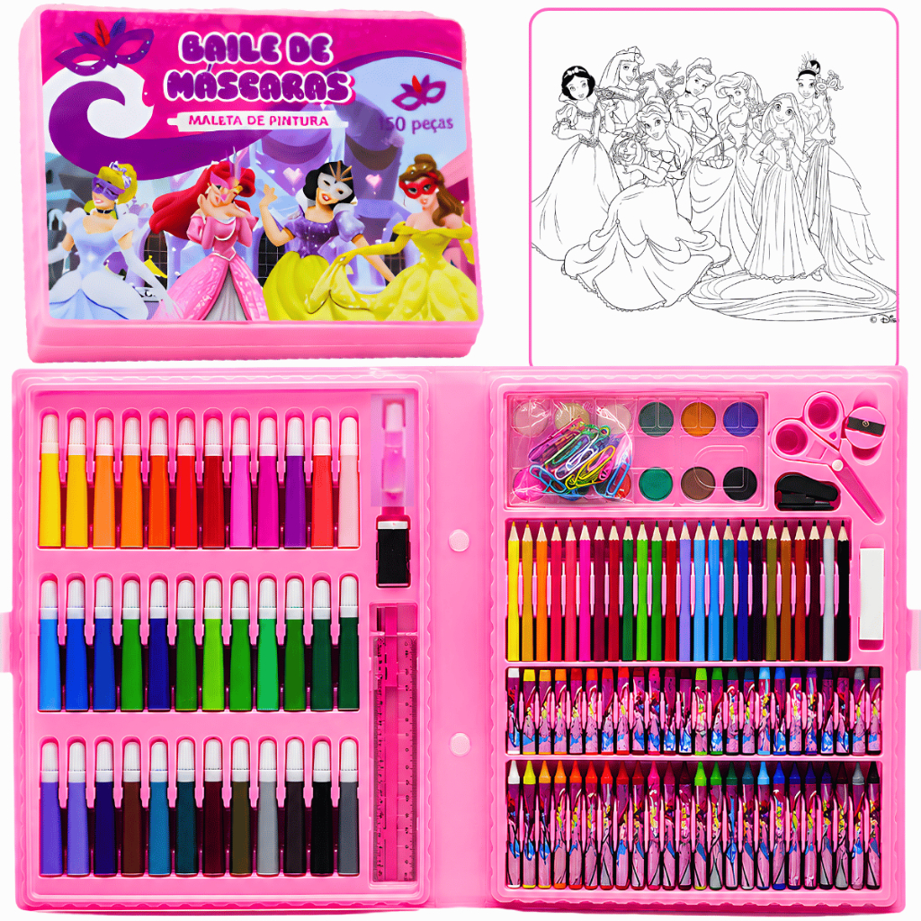 Kit Maleta Escolar 150 Peças Pintura Menina Baile Das Princesa Colorir Canetinhas Hidrográficas Lápis De Cor Giz De Cera
