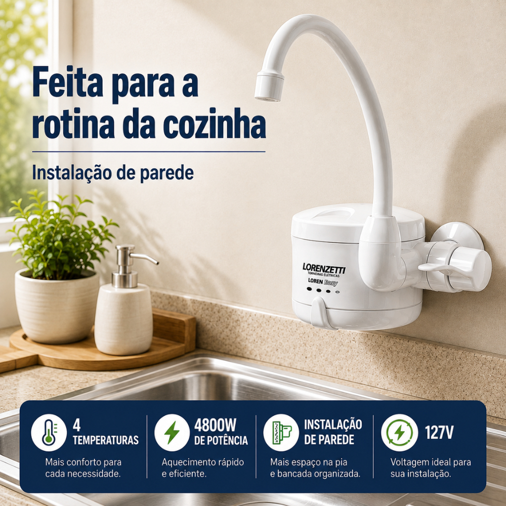 Torneira Elétrica Loren Easy De Parede 127V 4800W Lorenzetti Branca Prática 4 Temperaturas Cozinha · foto 2