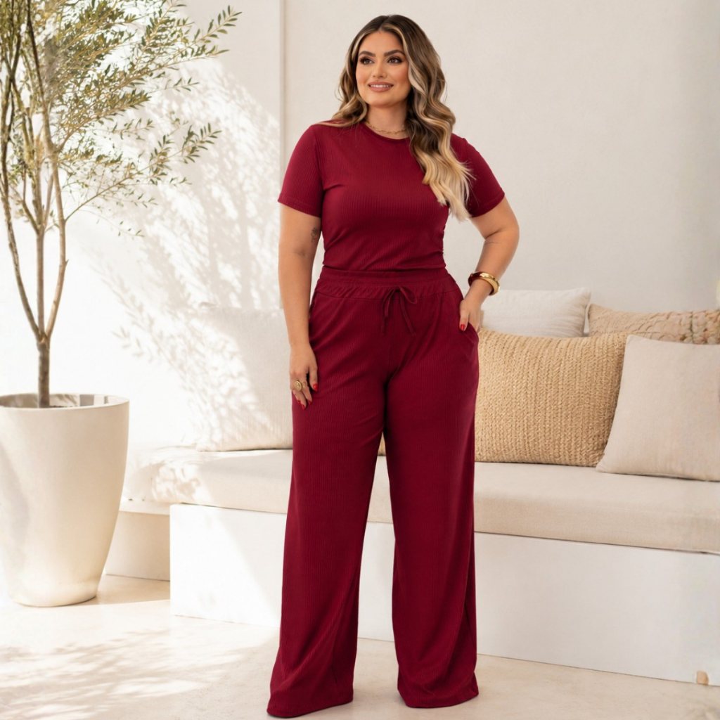Conjunto de Verão Feminino Plus Size Elegante Calça Pantalona e Blusa de Manga Aerolook — imagem 2 de 2