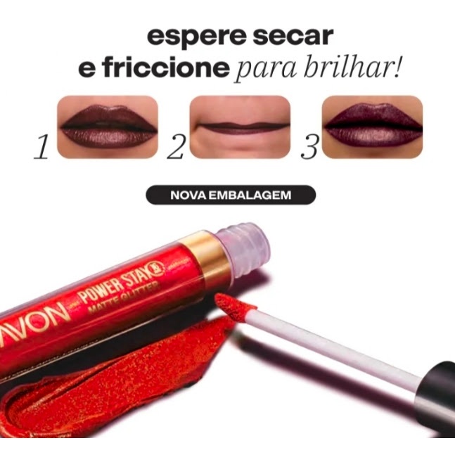 BATOM LIQUIDO MATTE GLITTER EFFECT AVON POWER STAY 16 HORAS DE DURAÇÃO