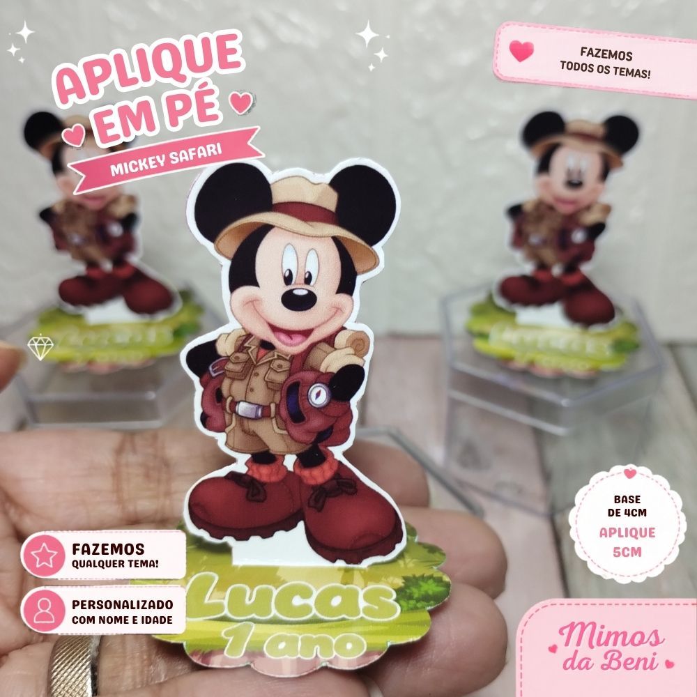 Aplique em Pé 3D MICKEY SAFARI Personalizados Lembrancinha Festa Infantil Kit 10 a 50 unidades