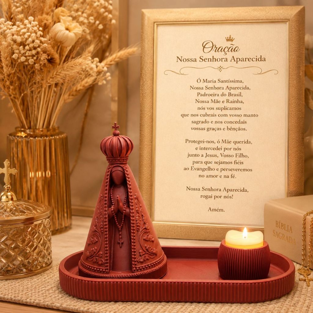 Nossa Senhora Aparecida Com Bandeja, Porta Vela E Vela Em Led 16cm