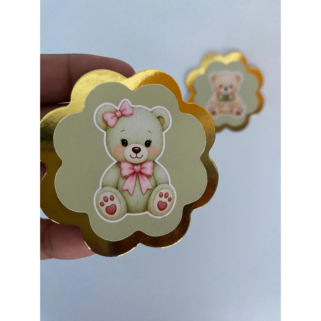 Aplique 3d Chá revelação ursinho - chá de bebê fundo dourado 6 cm ideal para caixas, lembrancinhas